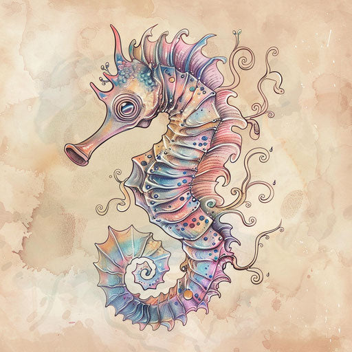 Delicate seahorse tattoo sketch with fine lines and pastel colors