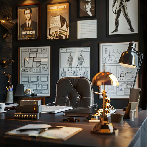 Film director's office with storyboards and awards