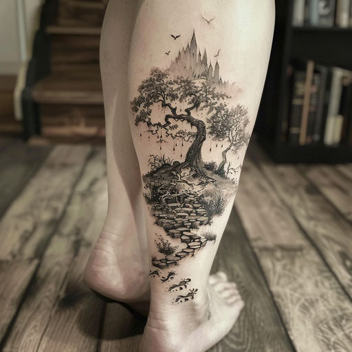 Leg tattoos for women with hobbit footprints