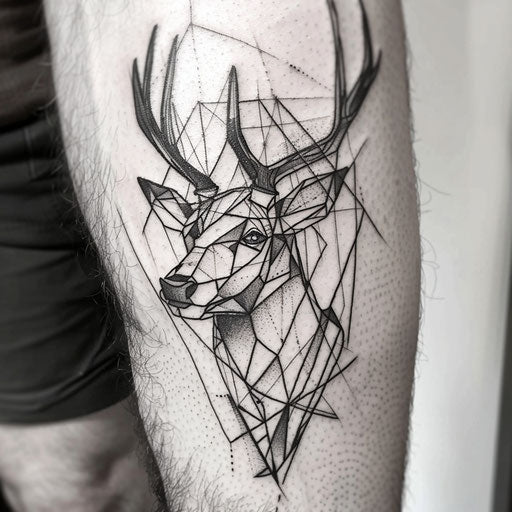 Abstract cubist deer tattoo in black line art