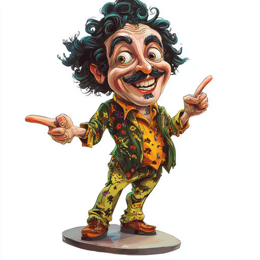 Humorous caricature of a work caricature clipart with human characteristics, exaggerated prominent chin, big hands, standing on a pedestal, vibrant colors, cartoon style, pointing, high-resolution, no background, isolated -c 40