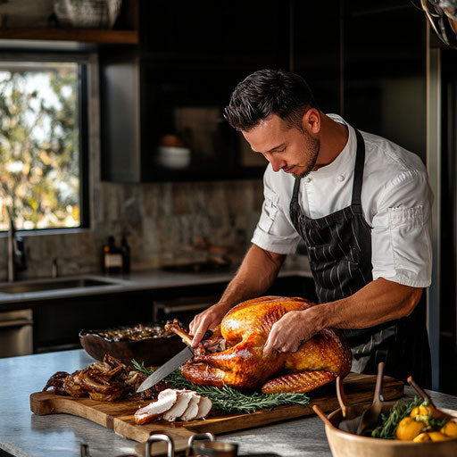 A chef carving a turkey in a modern kitchen