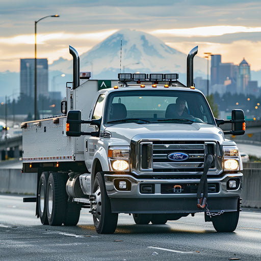 White service truck with utility body, mechanic fixes semi-trailer, Seattle, Washington