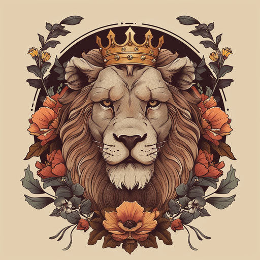 Flat tattoo sketch of lion with crown and floral designs