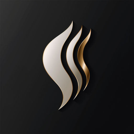 Stylized logo art in gold and white, sleek black background