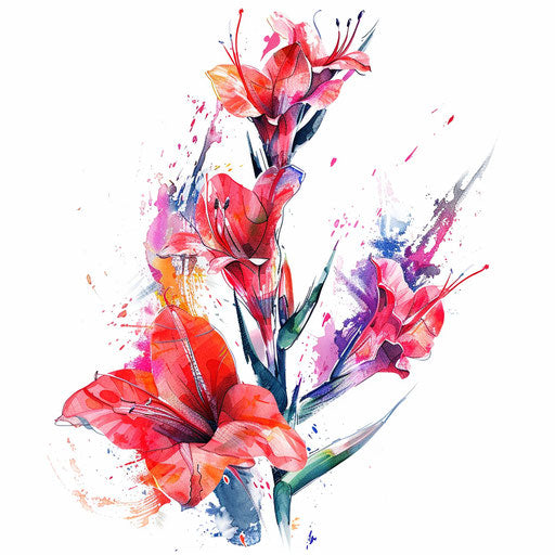 Expressionist-style gladiolus tattoo with dynamic brush strokes and vivid colors on a white background