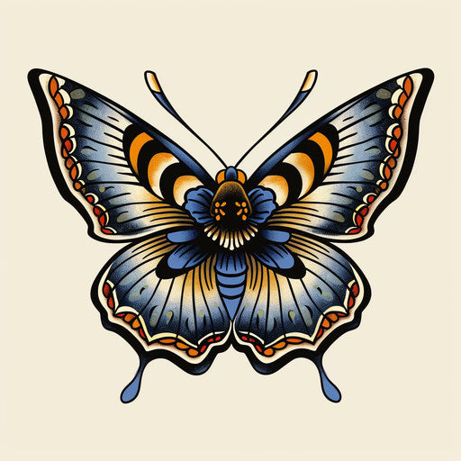 Blue butterfly in traditional tattoo style with black outlines