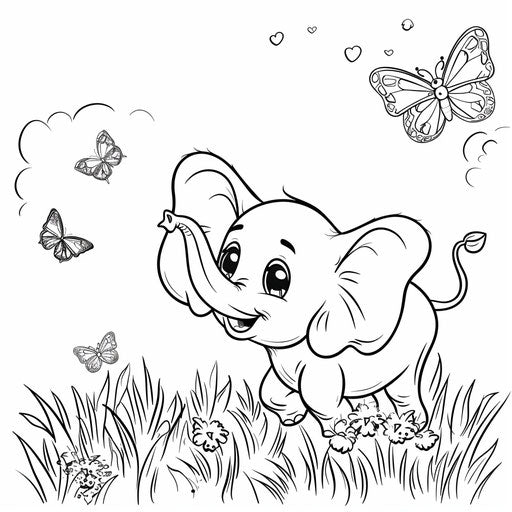 Cute baby elephant playing with butterflies in a grassy field