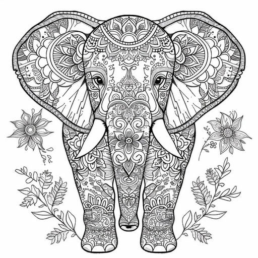 Ornate elephant with patterns and mandalas. Coloring page