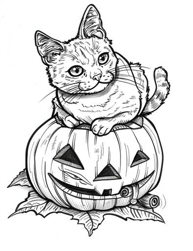 Cat sitting on a pumpkin coloring pages, punctuated caricature style