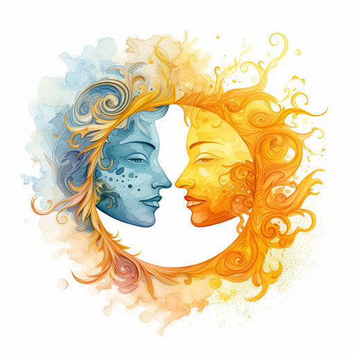 Sun and moon clipart in Impressionistic Art style on white background
