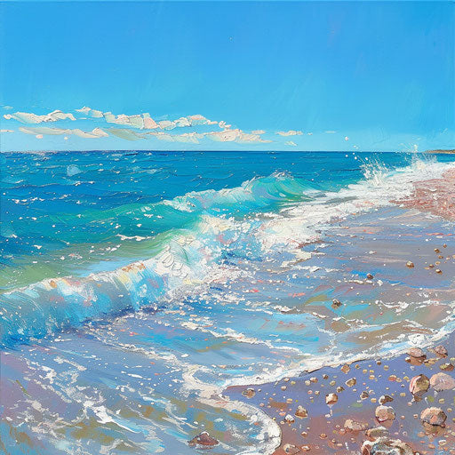 Rocky beach with gentle waves under a clear blue sky