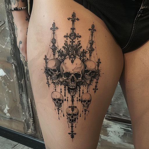Thigh tattoo with dark and gothic elements