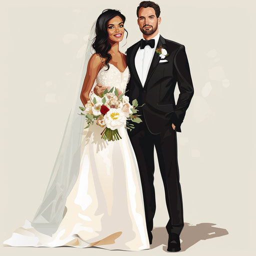 Bride and groom illustration in photo realistic style on white background