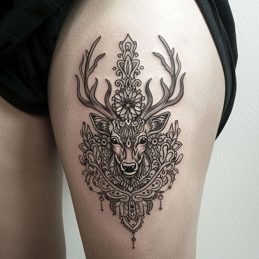 Ornamental mandala deer tattoo, detailed and symmetrical