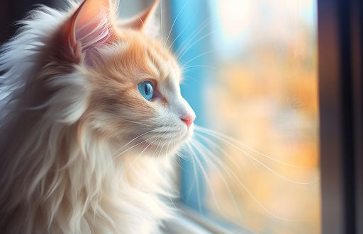 Orange and white cat with large blue eyes looks up to window