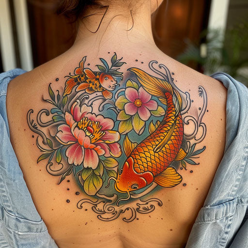 Wildflower tattoo with koi fish, flowing design, vibrant colors, Japanese style