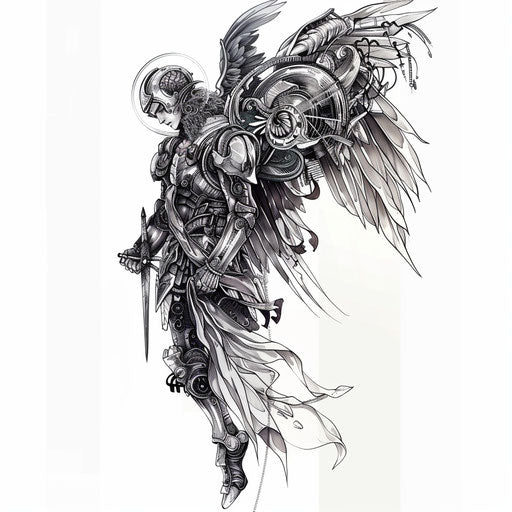 Biomechanical tattoo of Saint Michael on white background