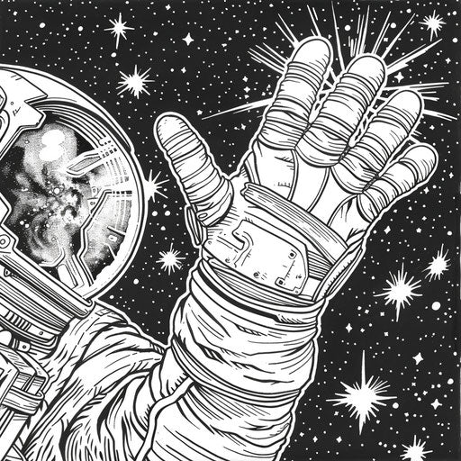 Astronaut glove reaching out to touch a star close-up