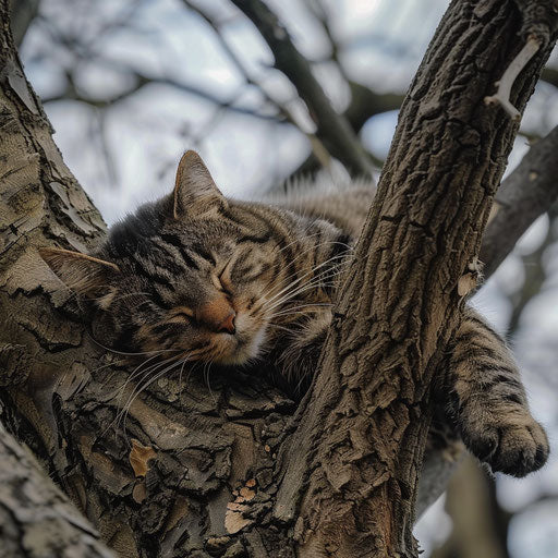 Obese cat lying on a tree branch