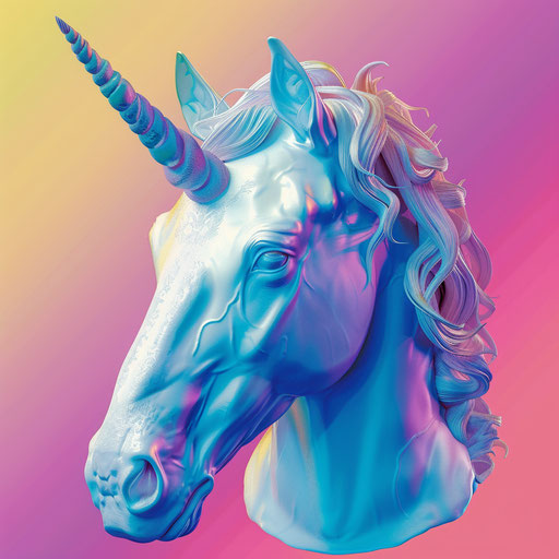 Unicorn head clipart in photo realistic style with flat random color background, enhanced detail and vivid colors