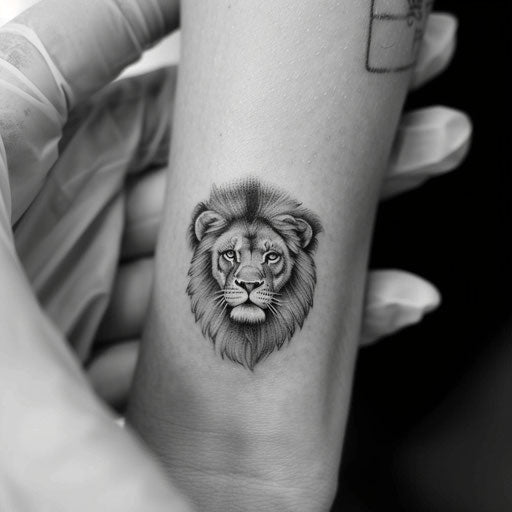 Small tattoo of a lion, in the style of Ami James