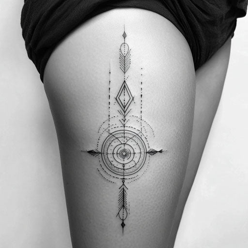 Male thigh tattoo with minimalist arrow pointing upwards