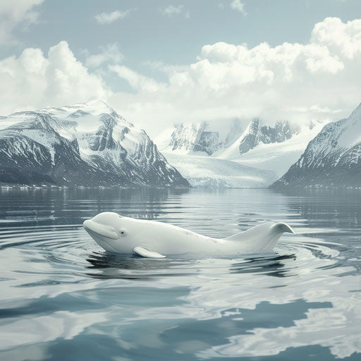 White whale in calm waters with snow-capped peaks