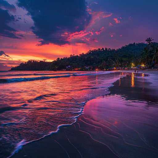 Palolem Beach, India at sunset with vibrant colors reflecting on the ocean