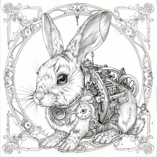 Steampunk bunny with gears, coloring book page
