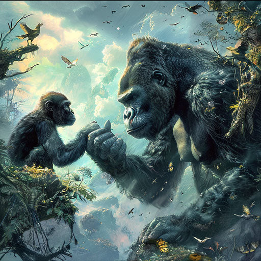 Fantasy scene: gorillas communicate with humans