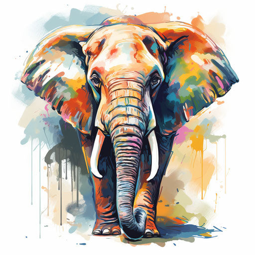 Cartoon elephant in the style of Impressionistic Art, on a white background