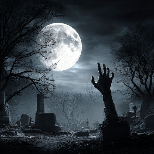 An eerie night scene with a zombie hand in the graveyard