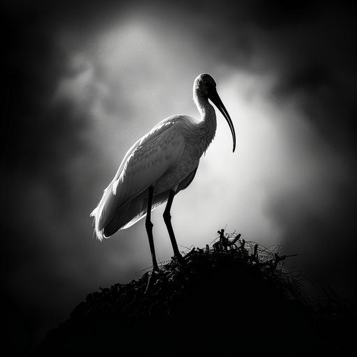 Ibis in black and white with a dramatic composition in the style of Laurent Baheux