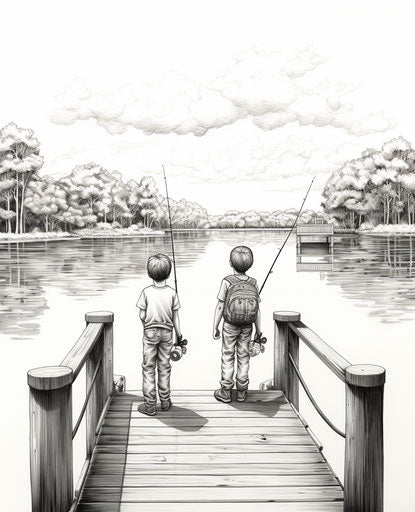 Two boys playing fishing on the dock, meticulously inked