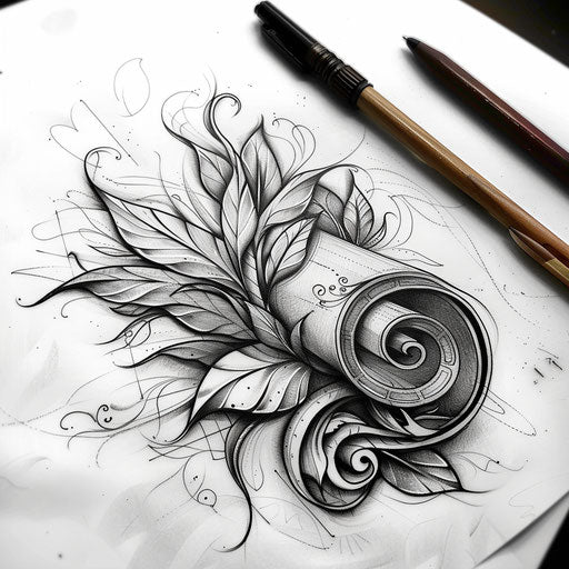 Dynamic flat tattoo sketch of sage leaves swirling around an ancient scroll