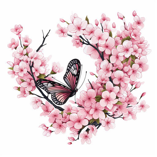 Pink flower and butterfly vector, cherry blossom style, stencil art
