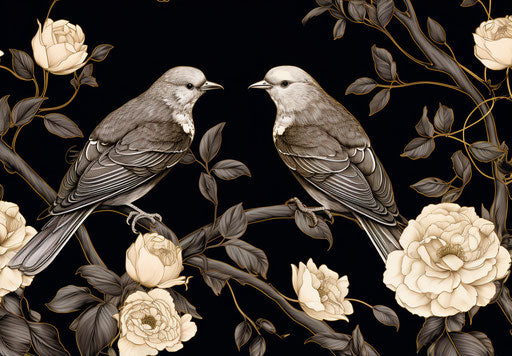 Two black and white birds on blooming roses