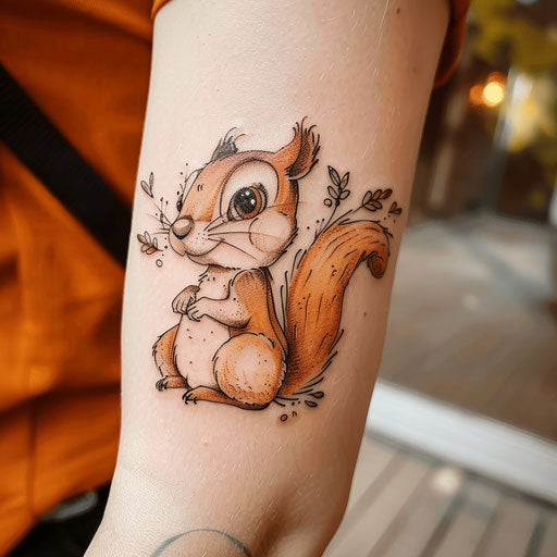 Flat tattoo sketch of a cartoonish squirrel with oversized eyes