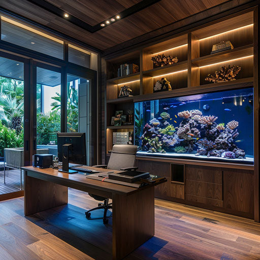 Home office with built-in aquarium wall