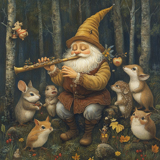 Gnome musician playing carols on a flute, with a chorus of forest animals joining in the melody.