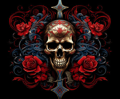 Skull with cross and arrows, swirling vortexes style, artistic anarchy