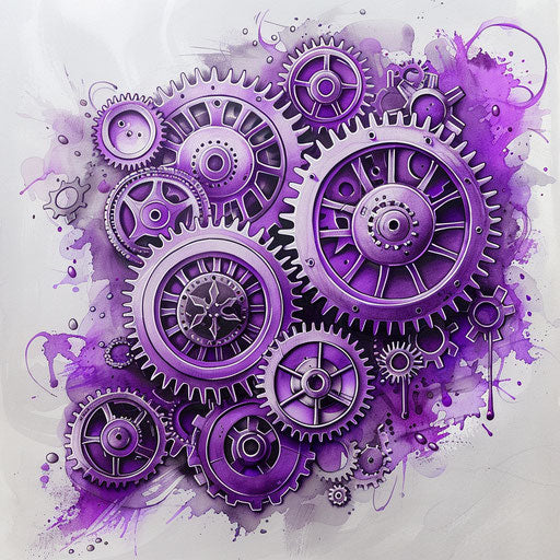 Violet steampunk gears and cogs tattoo design, intricate mechanics, on a white background