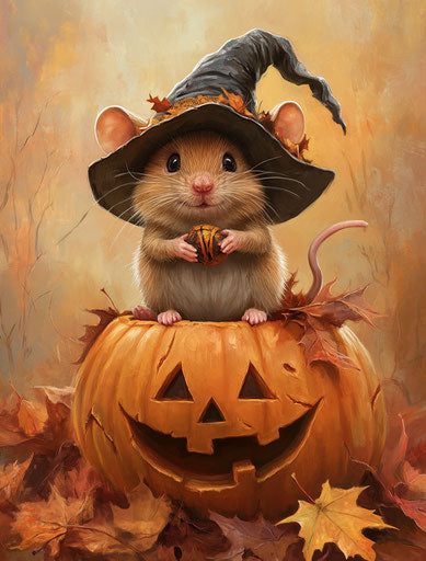 Brown mouse in a witch hat on a pumpkin