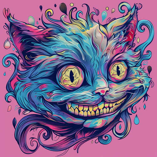 Surreal flat tattoo sketch of a Cheshire Cat with a wide smile, psychedelic colors, clipart design