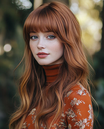 Woman with long ginger hair in forest, orange turtleneck