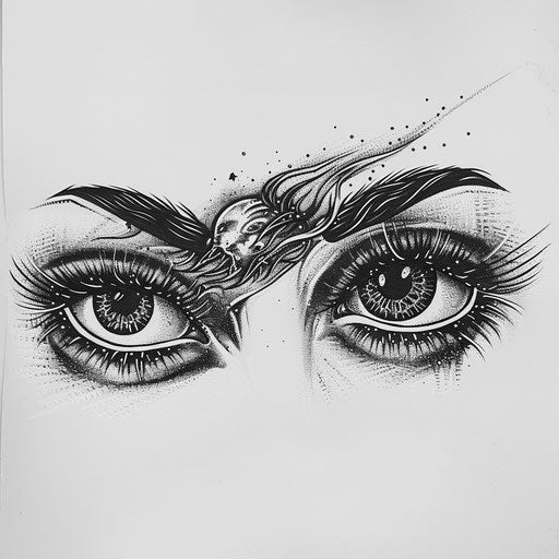 Bold flat tattoo sketch of a set of wide, open eyes with cosmic reflections suggesting dreams