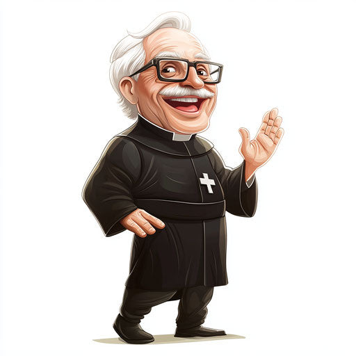 Humorous caricature of a priest with human characteristics