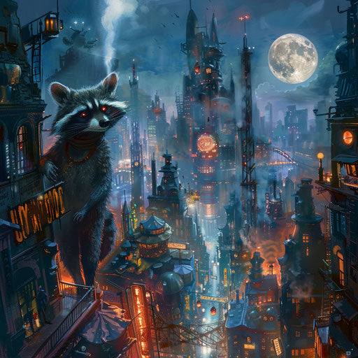 A raccoon embarking on a midnight adventure in a bustling city