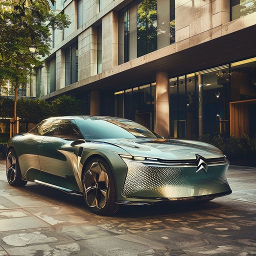 Electric Citroen DS 20 concept car, futuristic design, green modern city